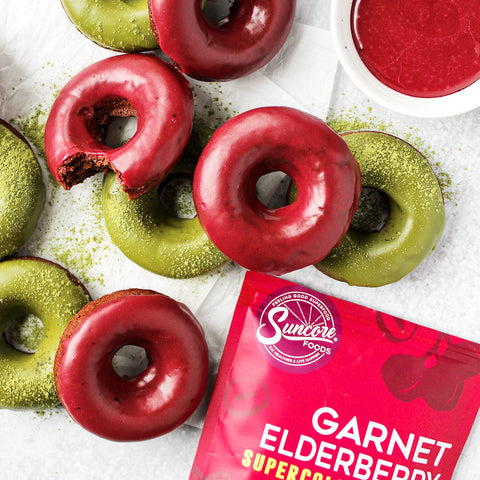 Chocolate Donuts with Matcha & Elderberry Glaze
