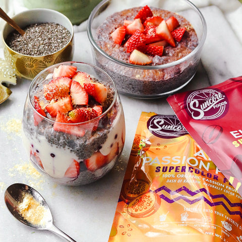 Sparkly Amber Passion Fruit Elderberry Chia Seed Puddings