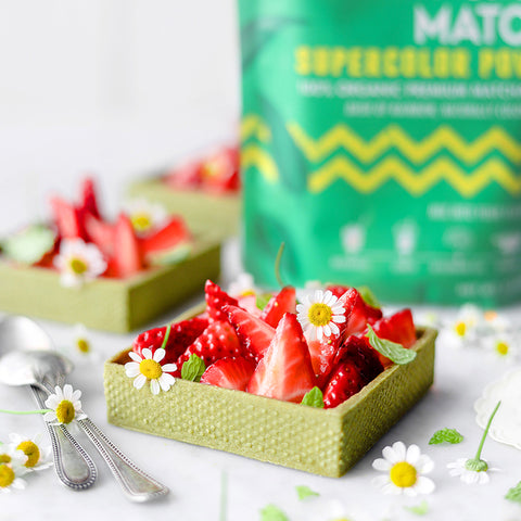 Matcha Tarts with Macerated Strawberries & White Chocolate Custard