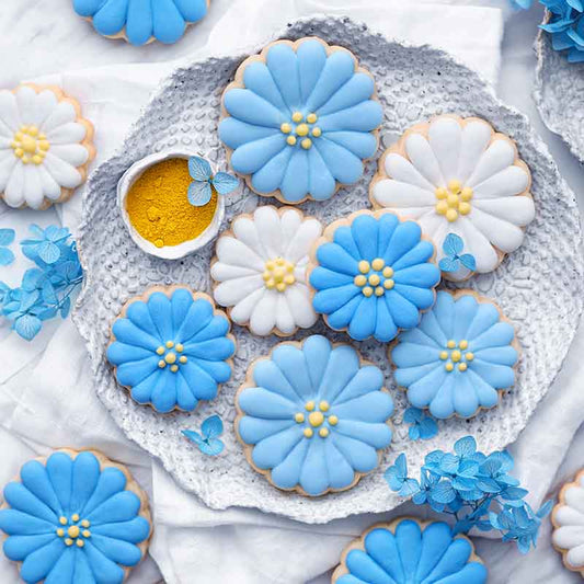 Almond Cookies with Aqua Spirulina and Canary Yellow Icing