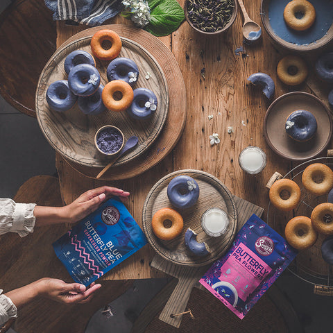 Baked Lemon Doughnuts with White Chocolate Blue Butterfly Pea Flower Glaze
