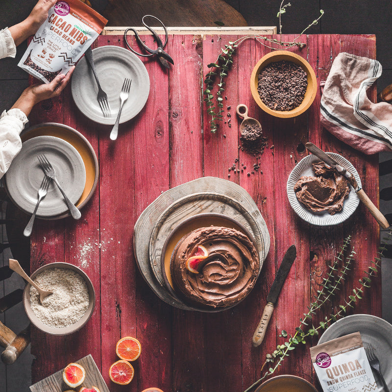 Suncore Foods Blood Orange Quinoa Cacao Nibs Chocolate Cake