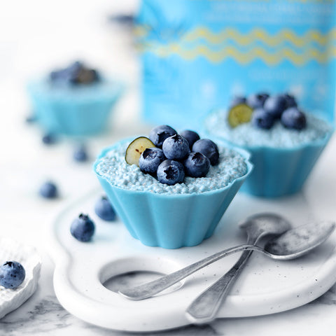 Morning Aqua Blue Spirulina Oceanic Chia Pudding in White Chocolate Cups