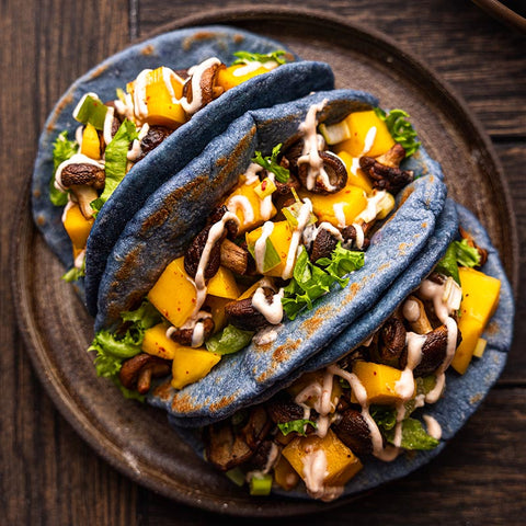 Blue Butterfly Pea Mushroom Tacos