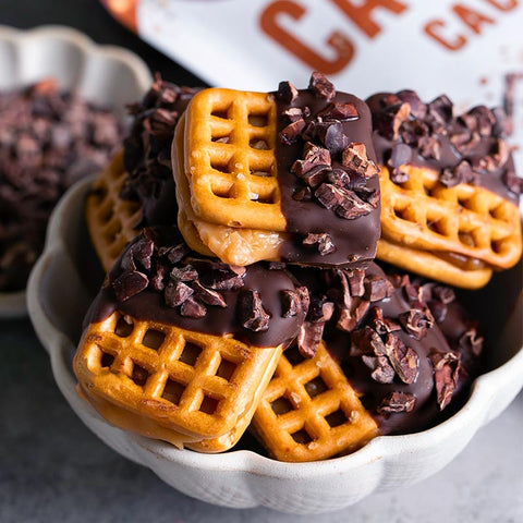 Caramel-Stuffed Cacao Nibs Chocolate-Dipped Pretzel Bites