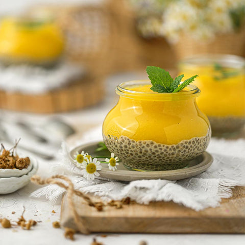 Chamomile-Infused Chia Pudding with Mango Passion Fruit Curd