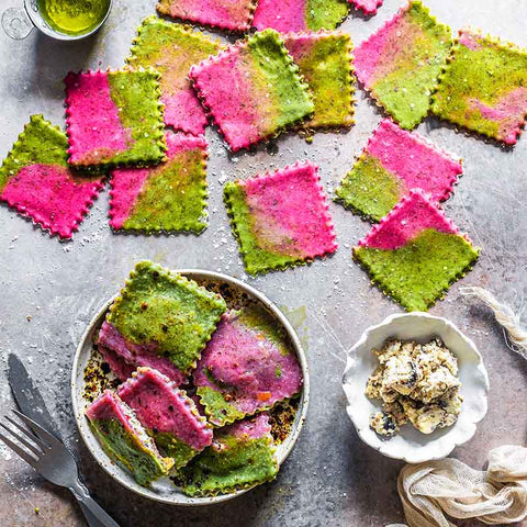 Red Beet & Matcha Shiitake Cream Cheese Raviolis