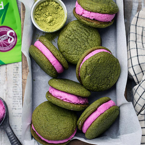 Pink Pitaya Ice Cream Emerald Pandan Leaf Cookie Sandwiches