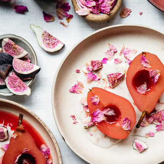 Suncore Foods Rose Tea Poached Pears with Coconut Rose Yogurt
