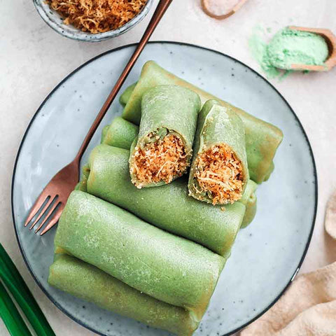 Vegan Pandan Crepes with Sweet Coconut (Kue Ketayap)