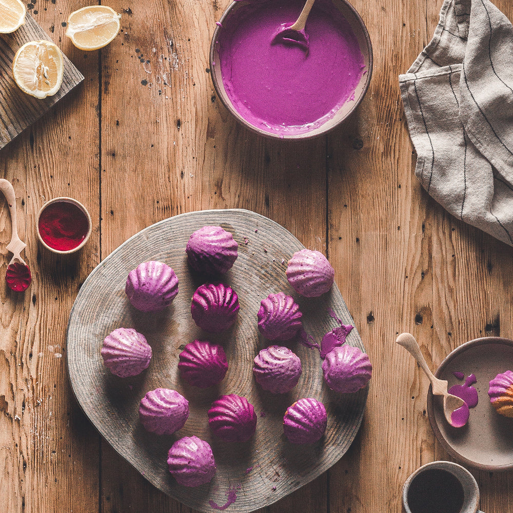 Suncore Foods Lemon Madeleines with Cosmos Red Cabbage & Ruby Red Radish Glaze