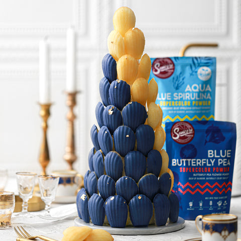Lemon Madeleines Coated with Blue Butterfly Pea & Spirulina Chocolate Coating