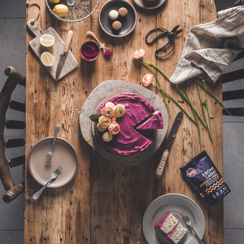 Lemon Poppyseed Cake with Ebony Carrot Buttercream Frosting
