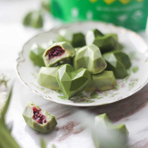 Raspberry Chia Jam Ganache Filling Matcha Chocolate Hearts