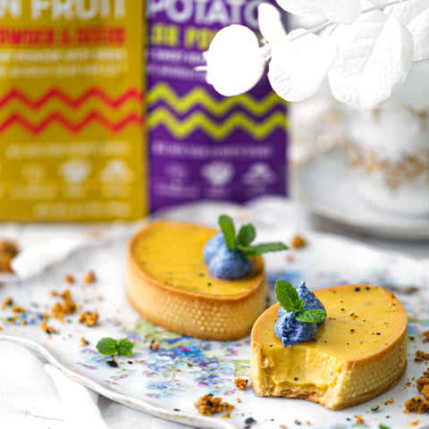 Passion Fruit Curd Tart with Almond Sable & Purple Sweet Potato Meringue