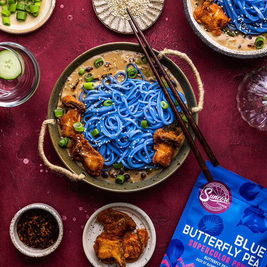 Suncore Foods Peanut Curry Blue Butterfly Pea Noodles with Crispy King Oyster Mushrooms