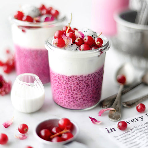 Pink Pitaya Cashew Milk Chia Pudding with Coconut Yogurt