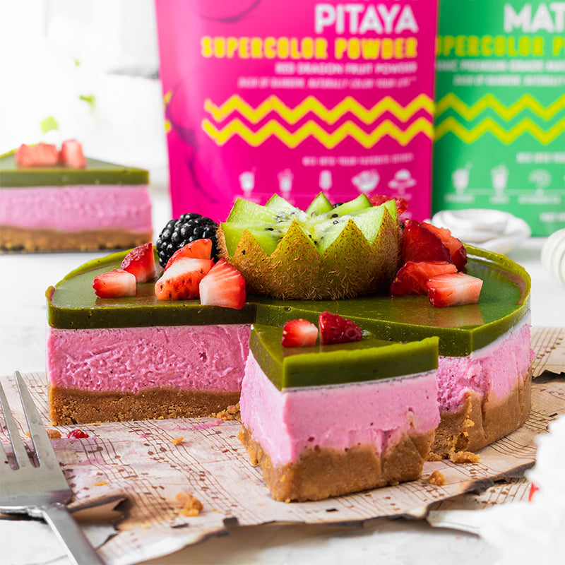Suncore Foods Pink Pitaya Cheesecake with Kiwi Matcha Jelly