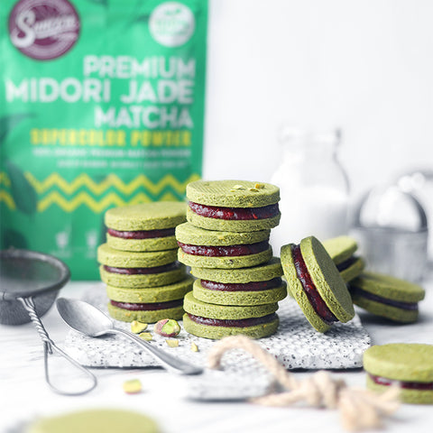 Pistachio Matcha Berry Chia Jam Sandwich Cookies