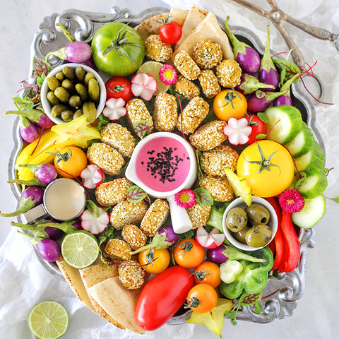 Red Beet Tahini Dip and Mediterranean Platter with Homemade Falafel