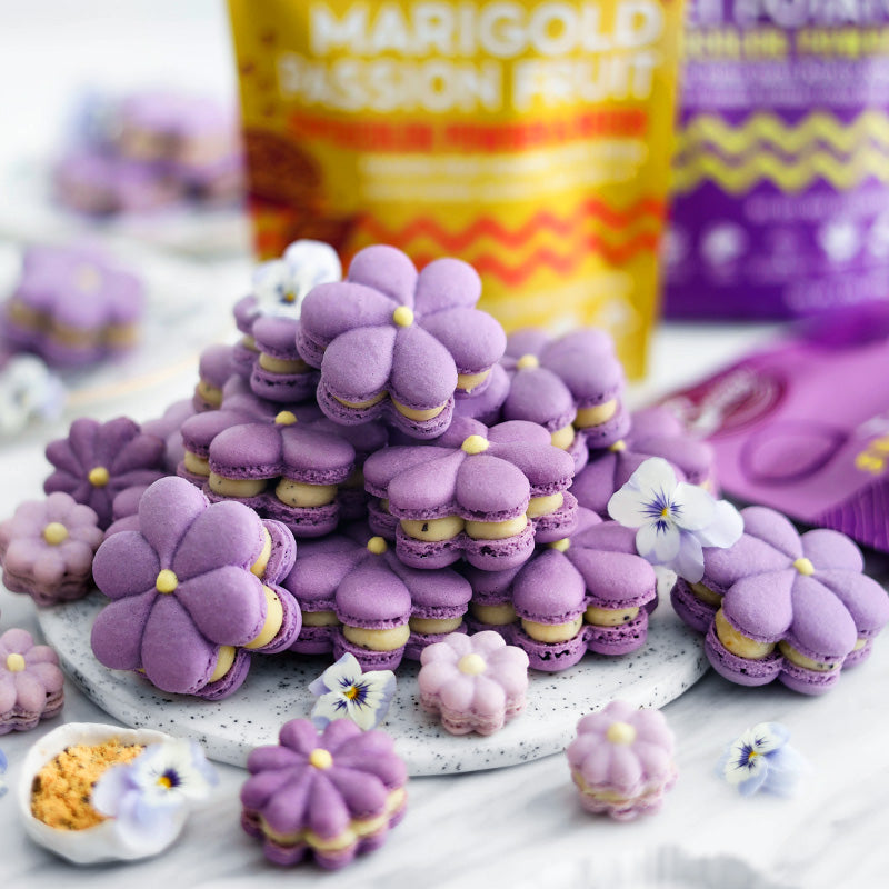 Suncore Foods Tropical Royal Purple Macarons with Marigold Passion Fruit White Chocolate Ganache
