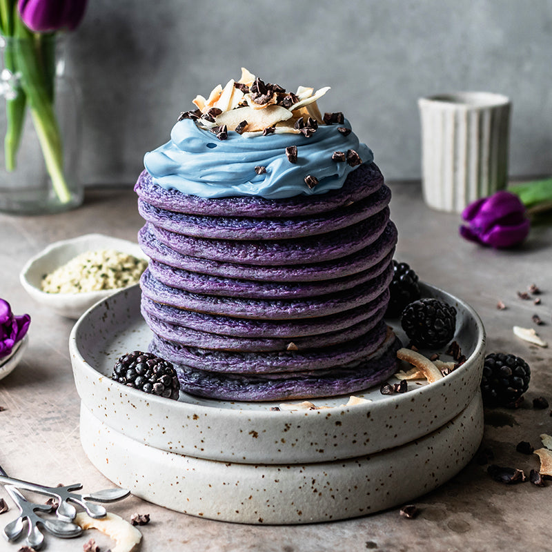 Suncore Foods® Ultra Violet Pancakes with Aqua Blue Spirulina Whipped Cream