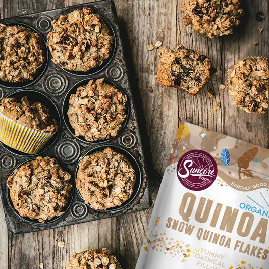 Trail Mix Muffins with Quinoa Flakes and Coconut Streusel