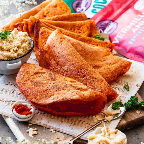 Vermillion Annatto Dosa with Coconut Chutney